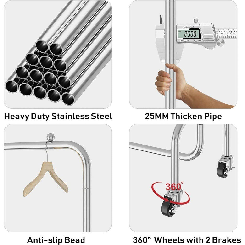 Vivo Technologies Heavy Duty Clothes Rail Freestanding Garment Rail Metal Clothes Rack on Wheels Clothing Rail Holds 100 kg for Shop Home Office Bedroom Laundry Room Indoor