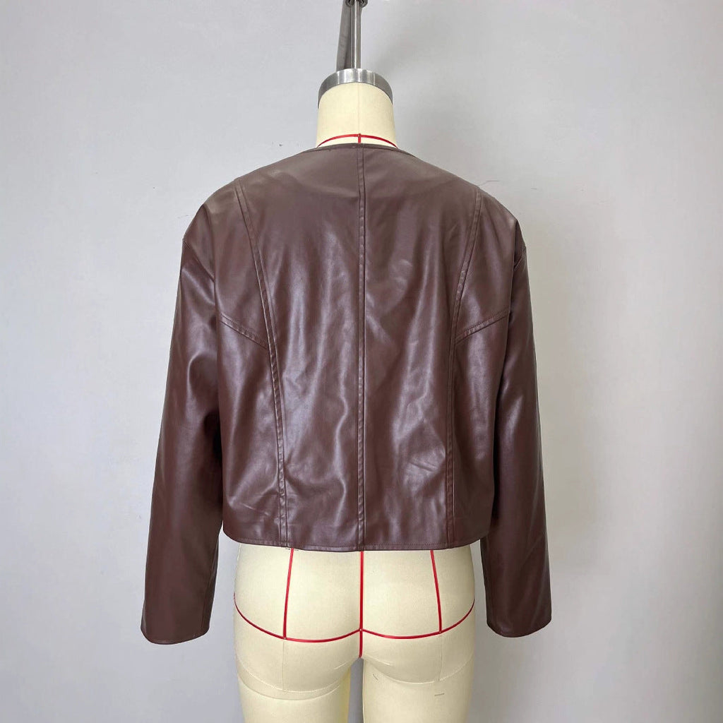 Gold Button Fashion Short Leather Coat