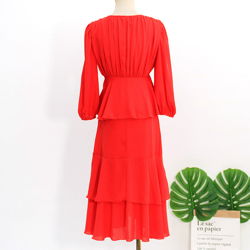 Fashion V-neck High Waist Mid-length Dress Lady Style Skirt
