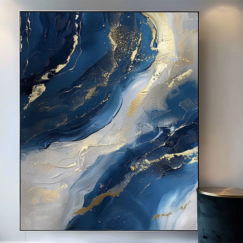 Luxury Handmade Abstract Oil Painting Wall Art Modern Golden Blue Minimalist Texture Canvas Mural For Living Room Decor Frameless