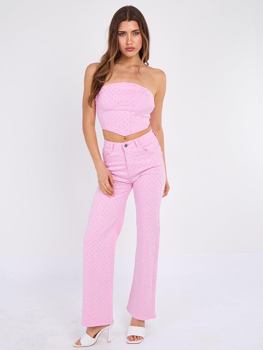 Diamante Studded Front Straight Leg Denim Jeans