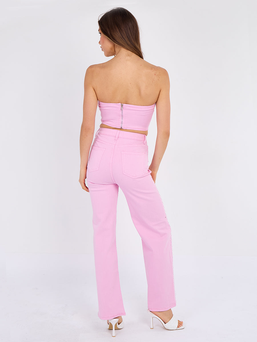 Diamante Studded Front Straight Leg Denim Jeans