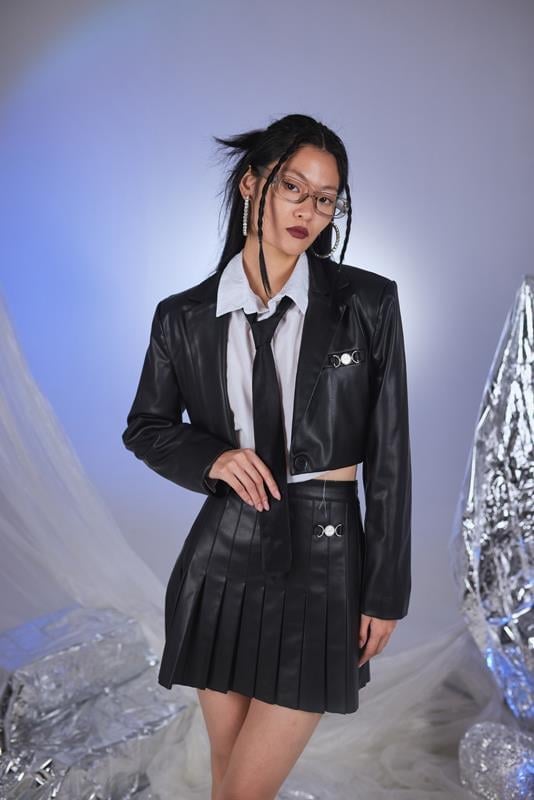 College Style Black Vegan Faux Leather Cropped Jacket