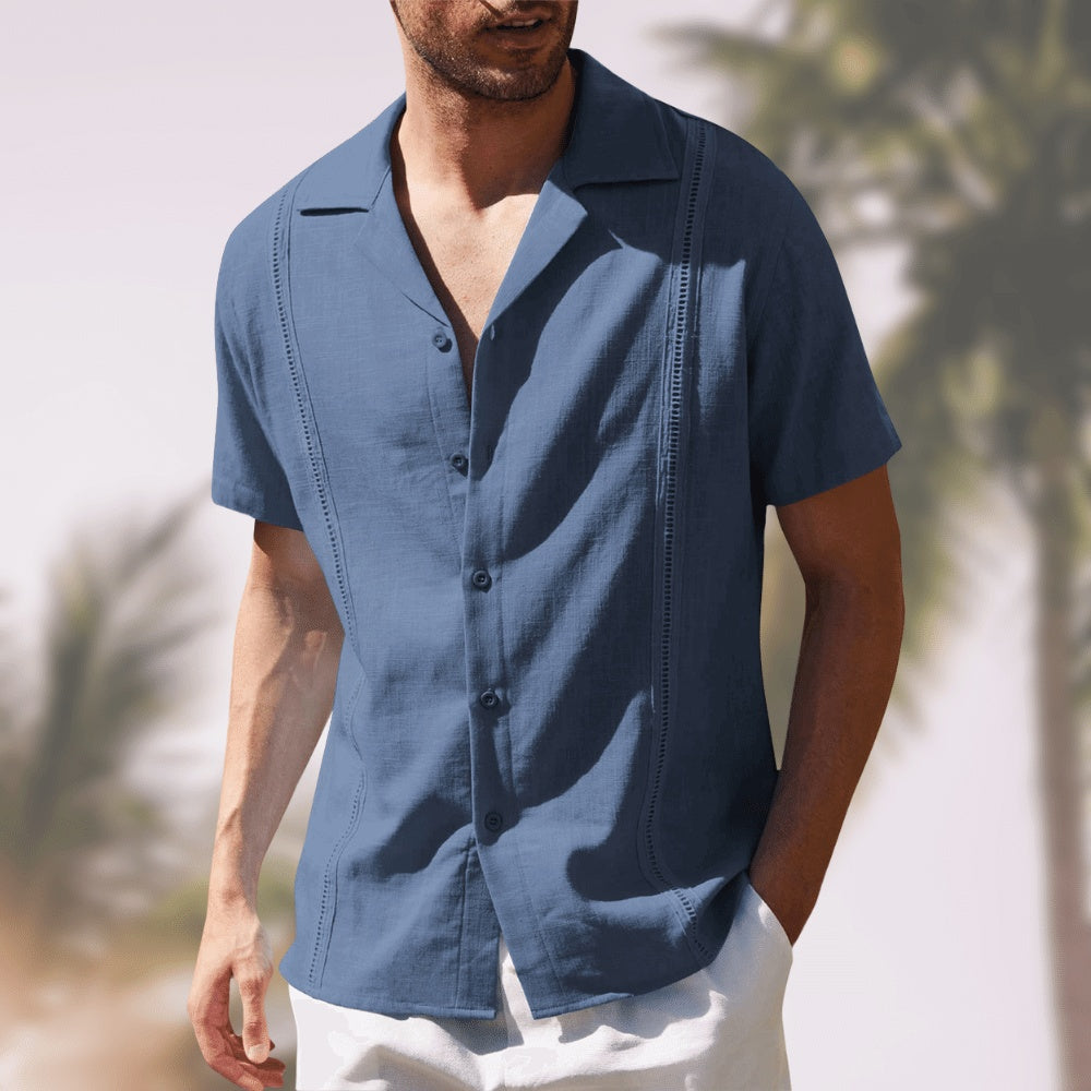 Men's Short Sleeve Shirt Summer Loose Casual Solid Color Lapel Tops