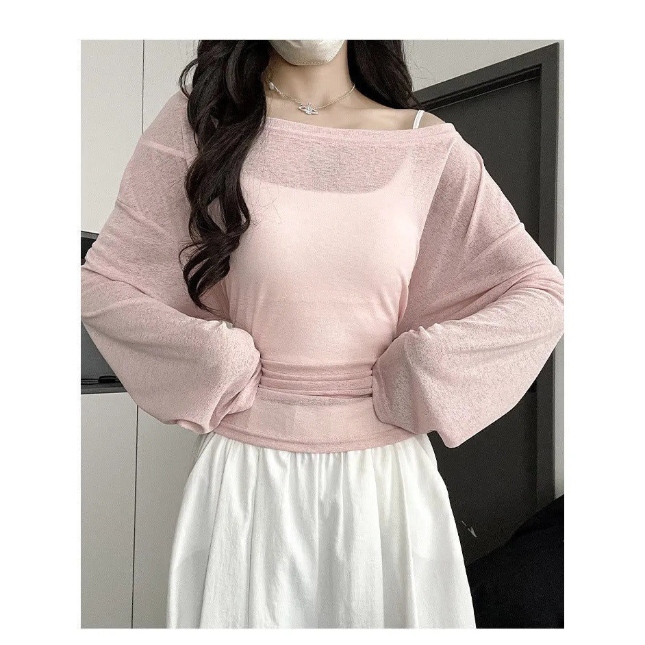 Outerwear Slightly Sheer Air-conditioning T-shirt With A Fitted Waist And Off-the-shoulder Design