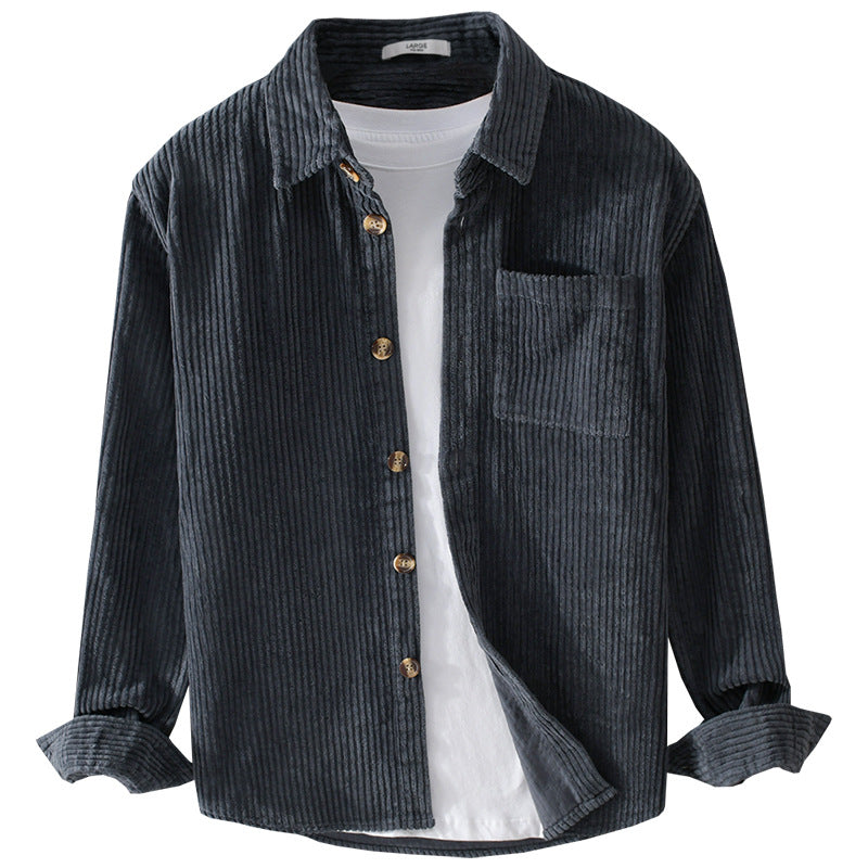 Winter Corduroy Shirt With Pocket Fashion Lapel Button Long Sleeve Top Men's Clothing