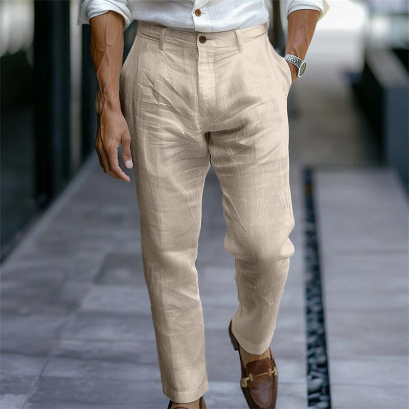 Men's Linen Trousers Solid Color Breathable Casual Pants Outdoor Clothing