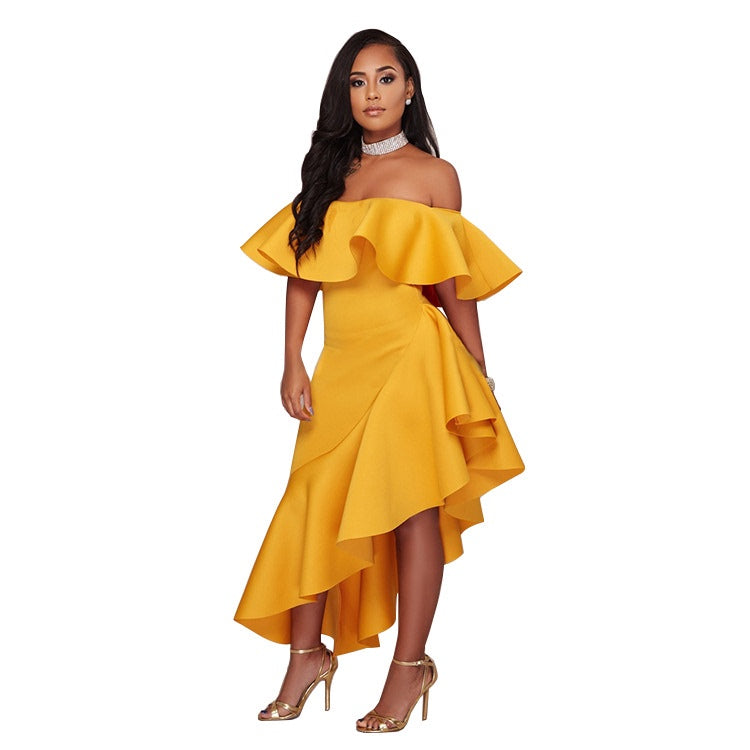 One-line Neck Ruffled Backless Ladies Dress Dress Long Skirt