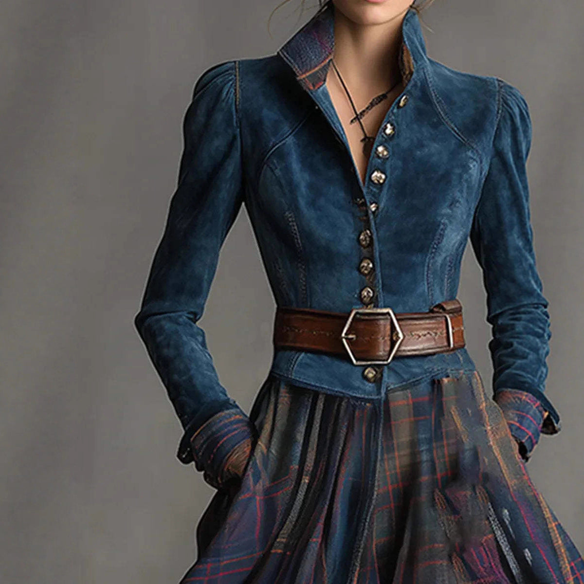 Denim-like Suede Patchwork Plaid Long-sleeve Dress