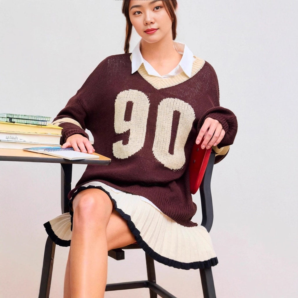 Loose Letter Sweater Top V-neck Sports Style