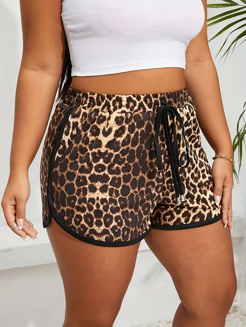 Women's Plus Size Leopard Print High-Waisted Shorts with Drawstring - Casual and Stretchy Polyester Blend for Spring/Summer Fashion
