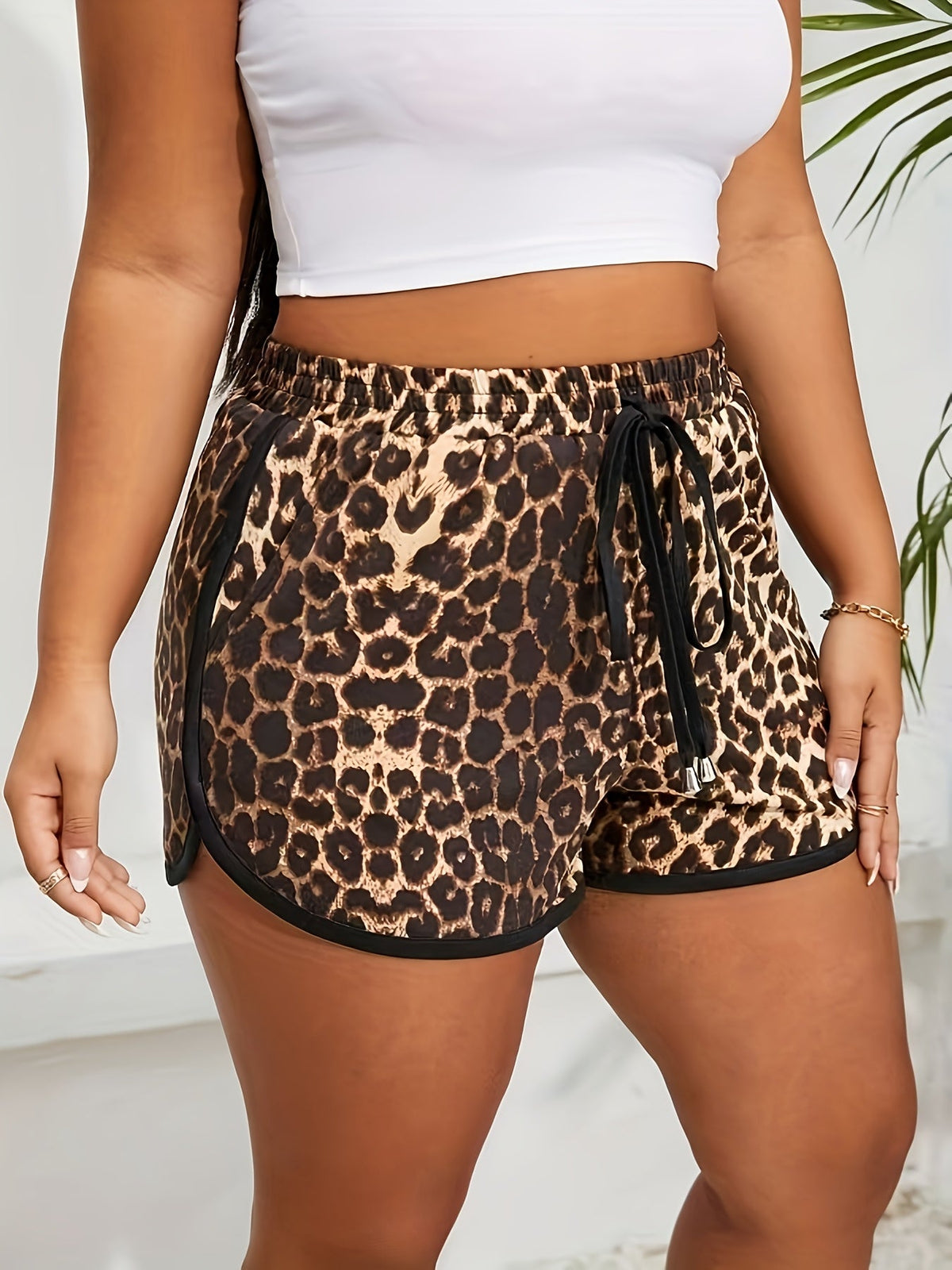 Women's Plus Size Leopard Print High-Waisted Shorts with Drawstring - Casual and Stretchy Polyester Blend for Spring/Summer Fashion