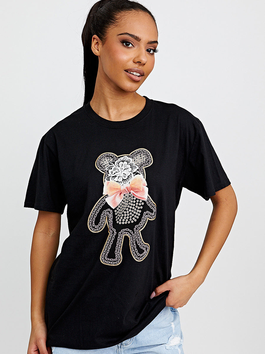 Bow Tie Teddy Graphic Printed T-Shirt