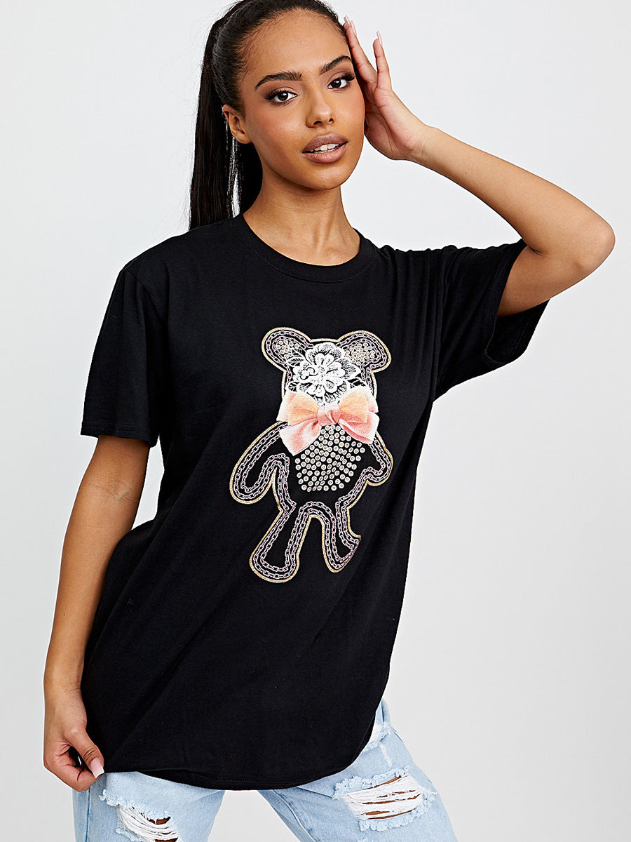 Bow Tie Teddy Graphic Printed T-Shirt