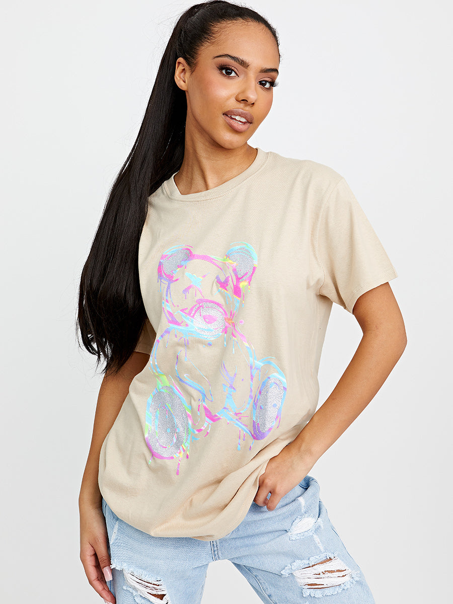 Colour Drip Teddy Graphic Printed T-Shirt