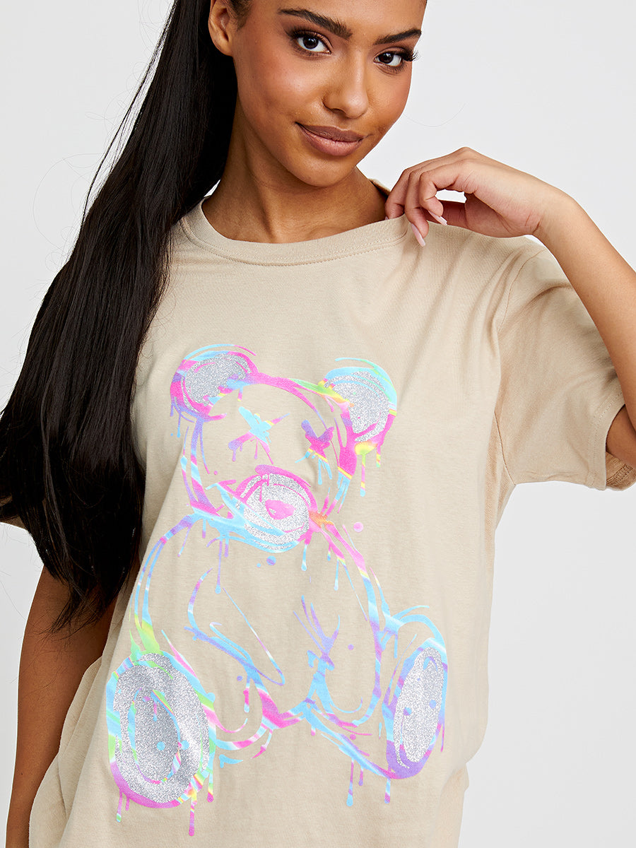 Colour Drip Teddy Graphic Printed T-Shirt