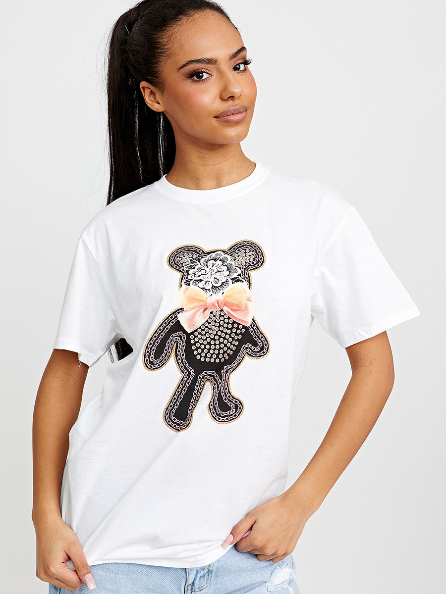 Bow Tie Teddy Graphic Printed T-Shirt