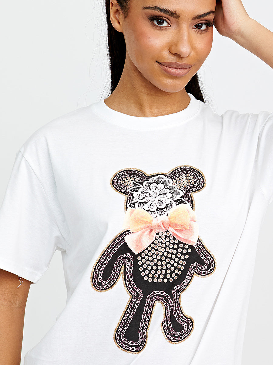 Bow Tie Teddy Graphic Printed T-Shirt