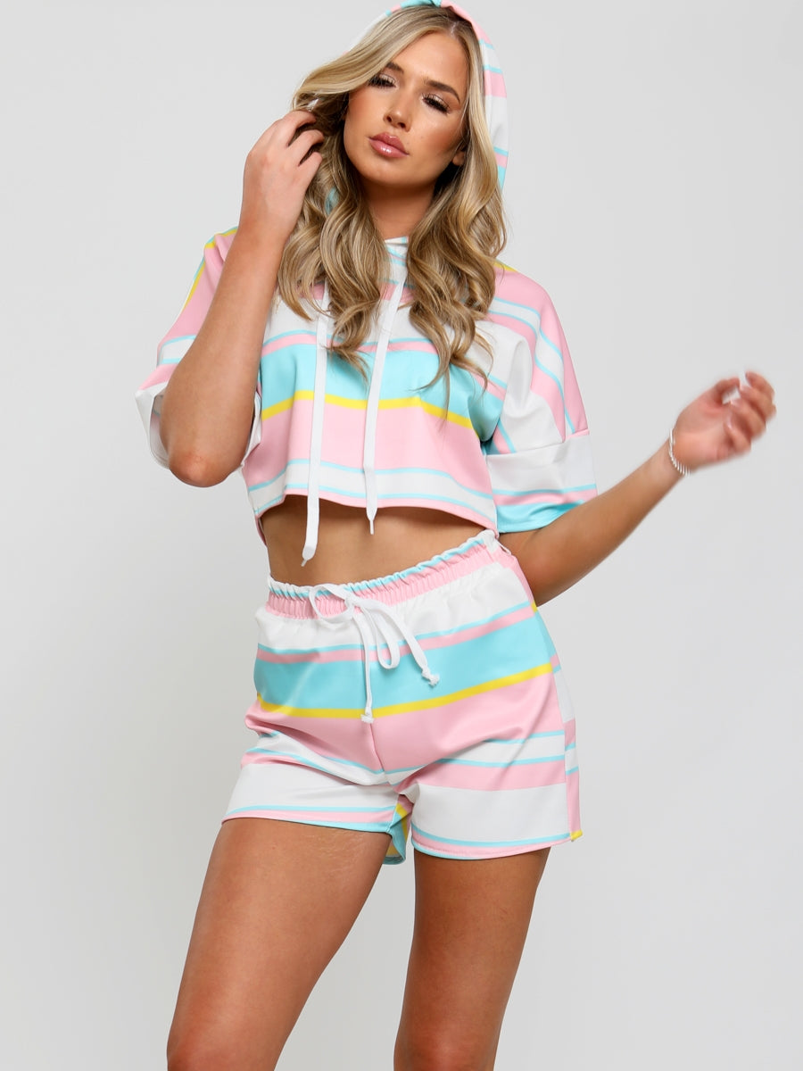 Striped Hoodie Crop Top & Shorts Co-ord