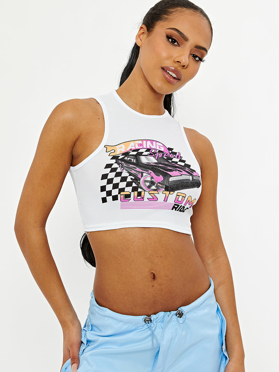 Racing Graphic Ribbed Vest Crop Top