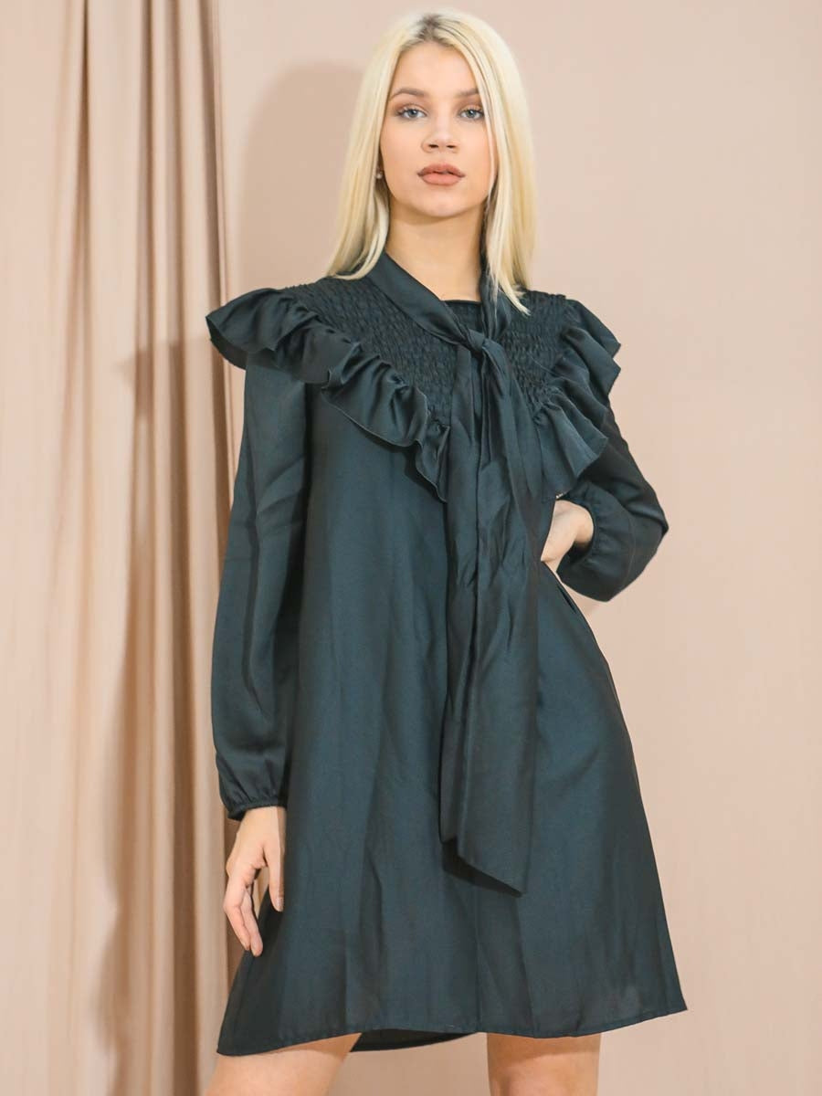 Satin Tie Knot Shirred Frill Dress