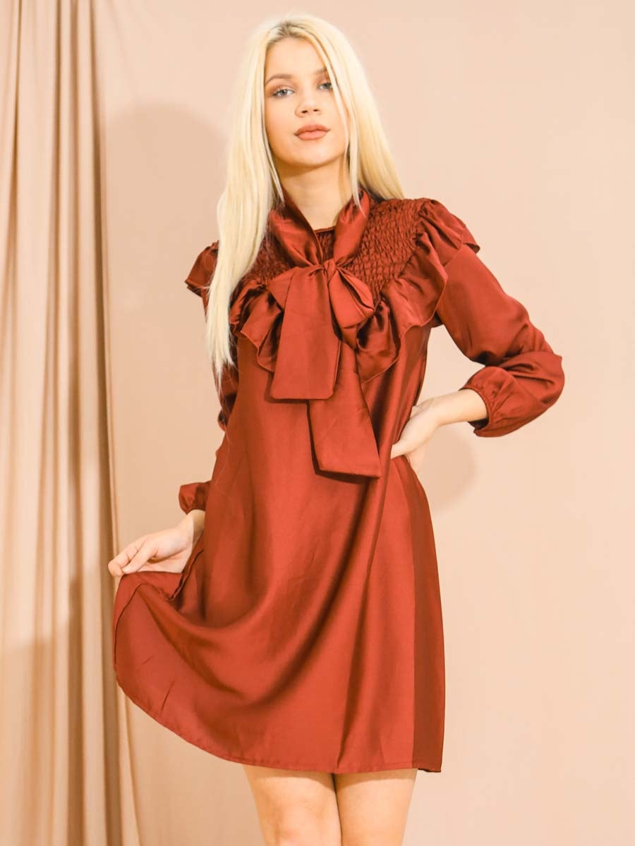 Satin Tie Knot Shirred Frill Dress