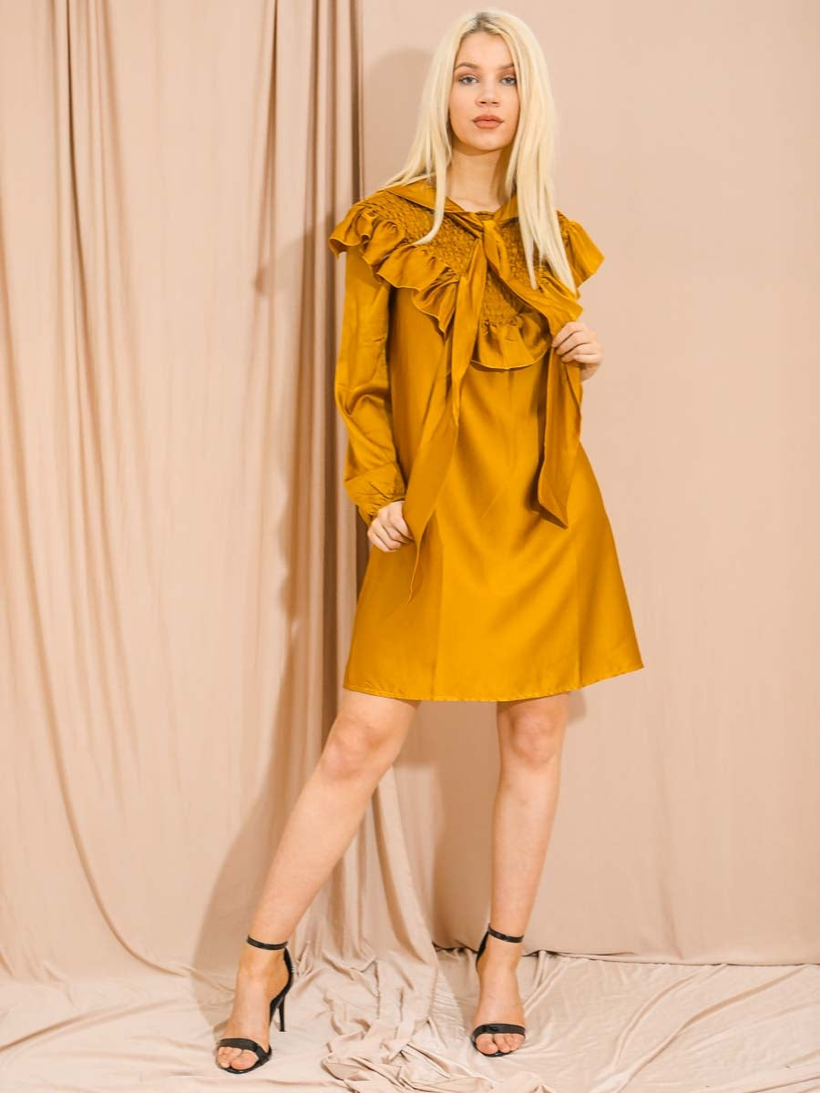 Satin Tie Knot Shirred Frill Dress