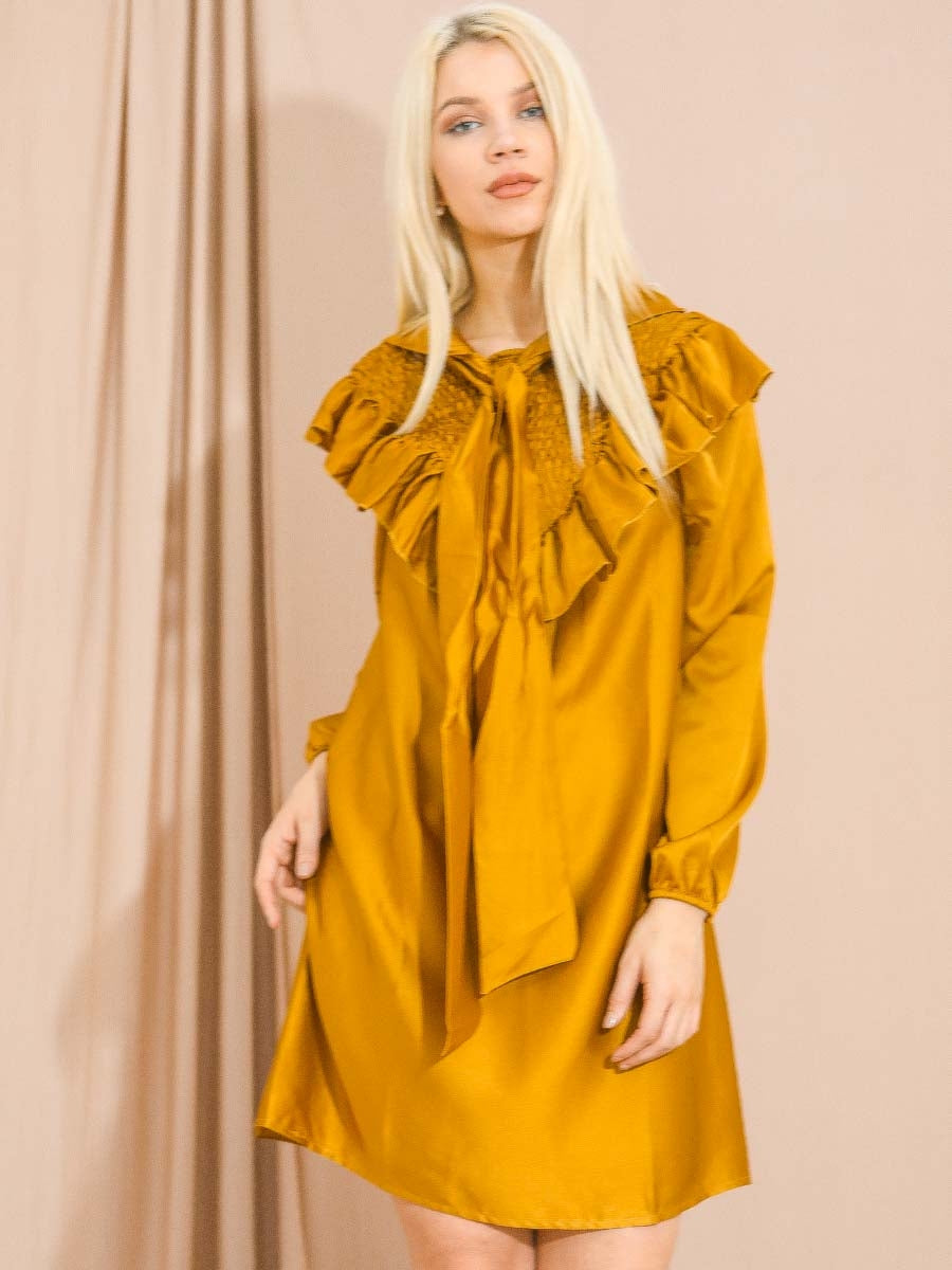 Satin Tie Knot Shirred Frill Dress