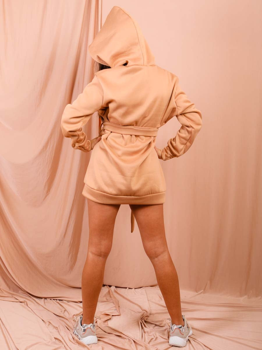 Oversized Fleeced Belted Hoodie Dress