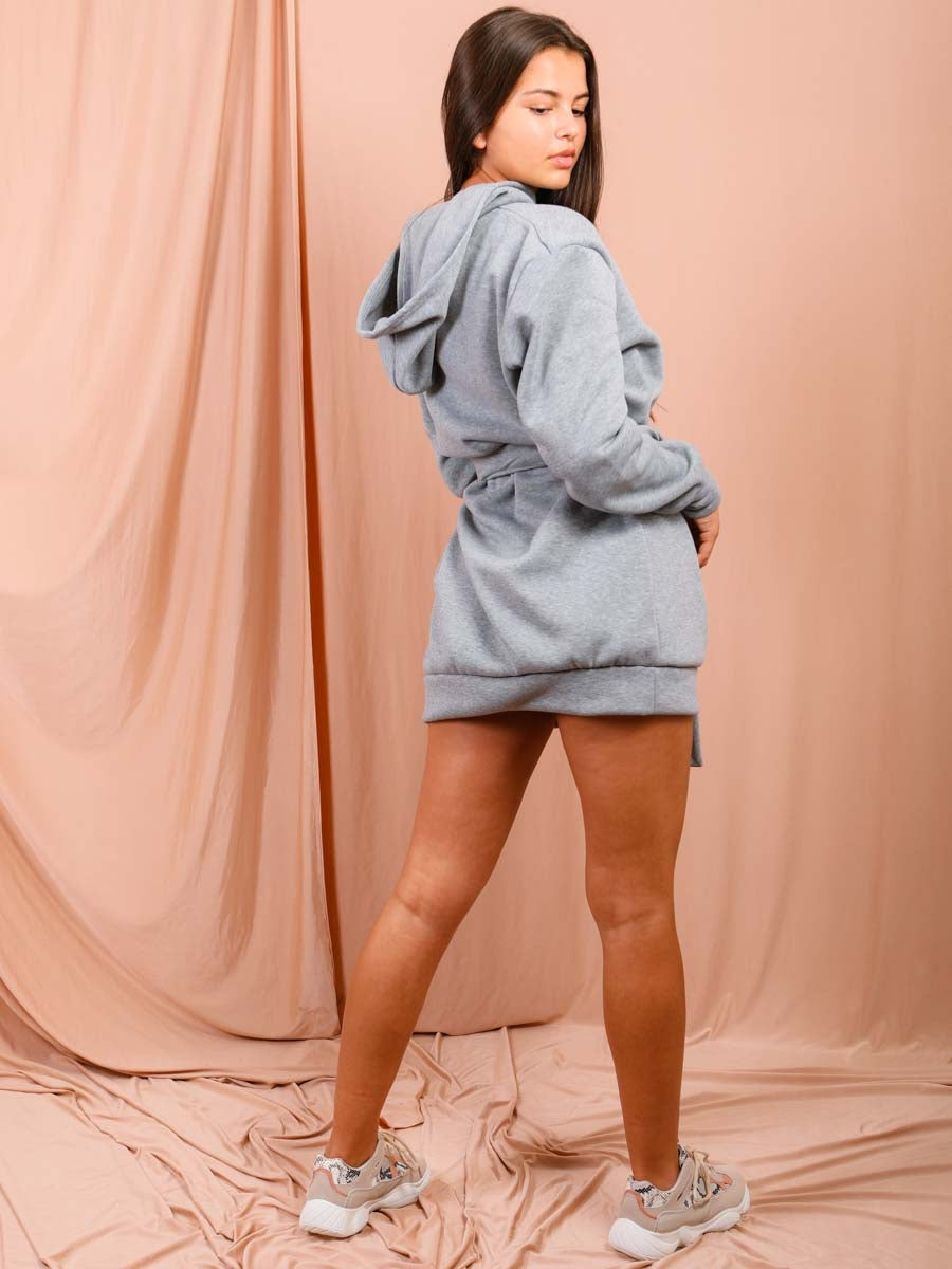 Oversized Fleeced Belted Hoodie Dress