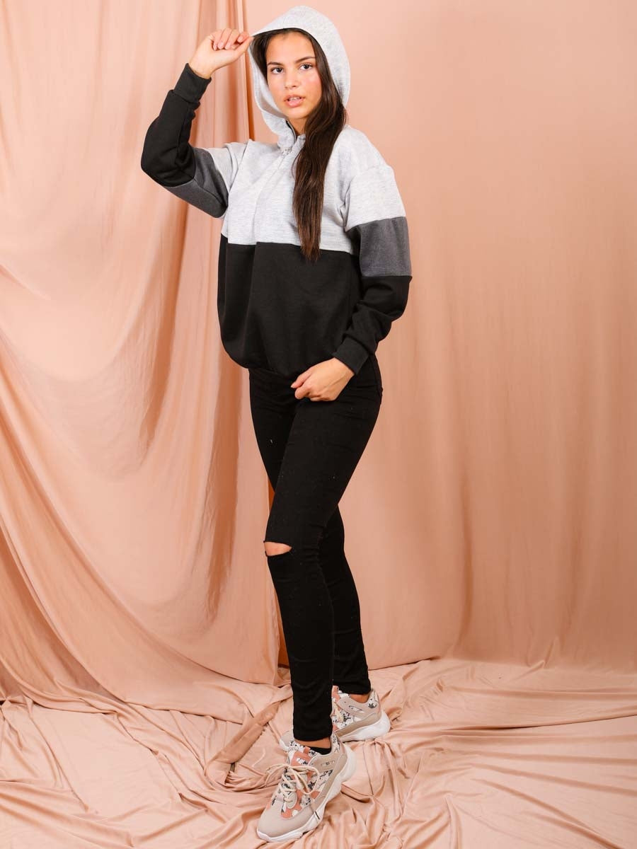 Contrast Colour Block Zip Front Hoodie