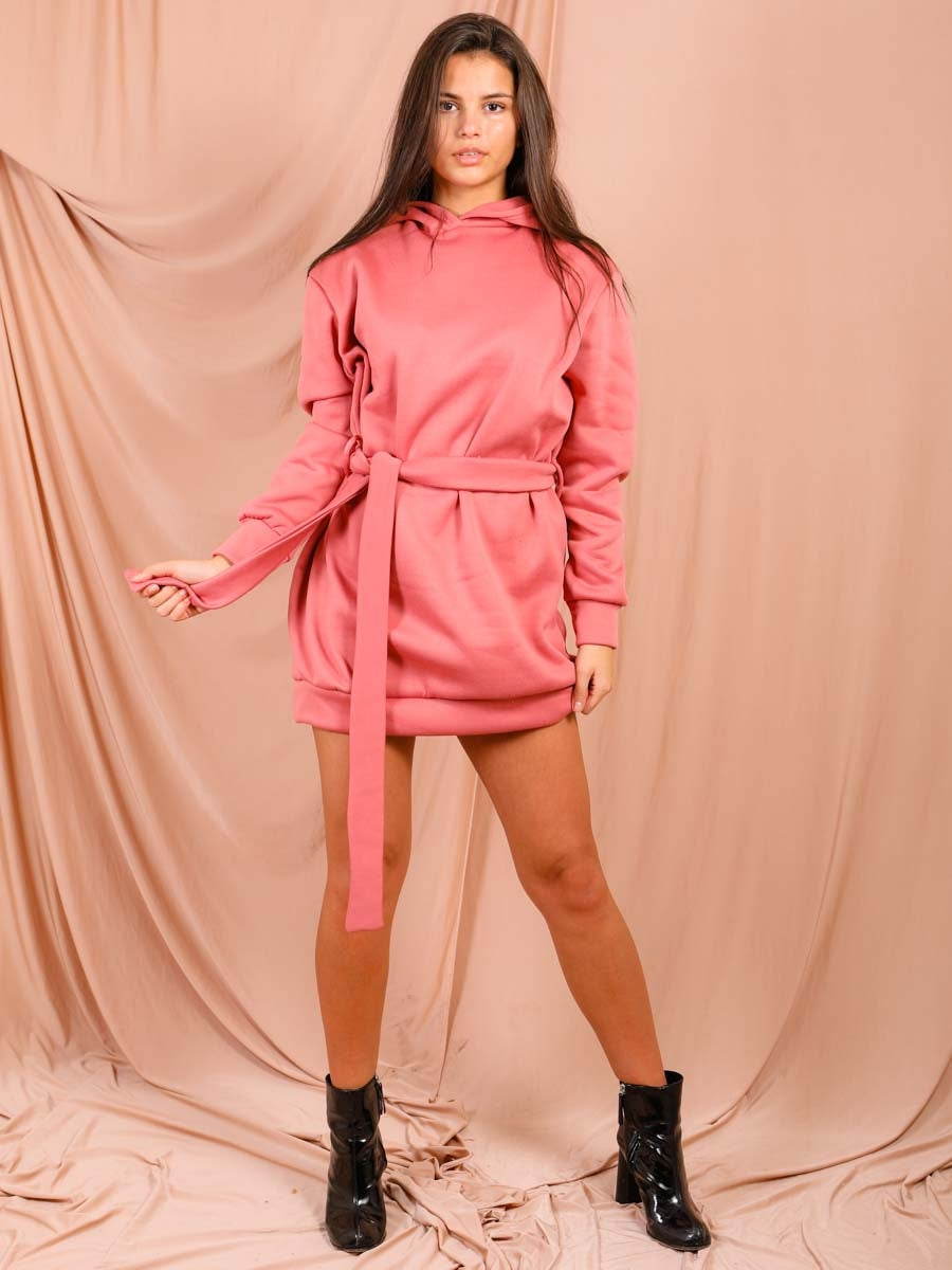 Oversized Fleeced Belted Hoodie Dress