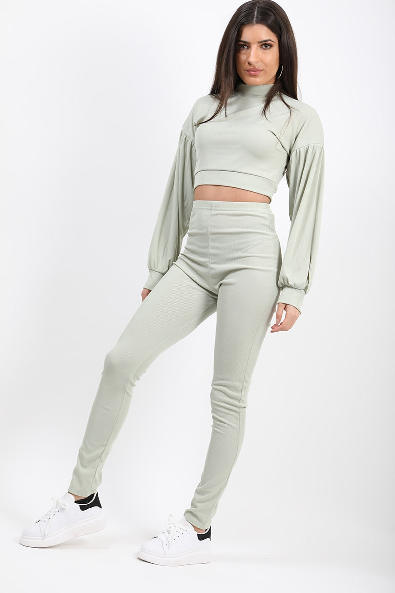 Ribbed Balloon Sleeve Top & Trouser Co-ord