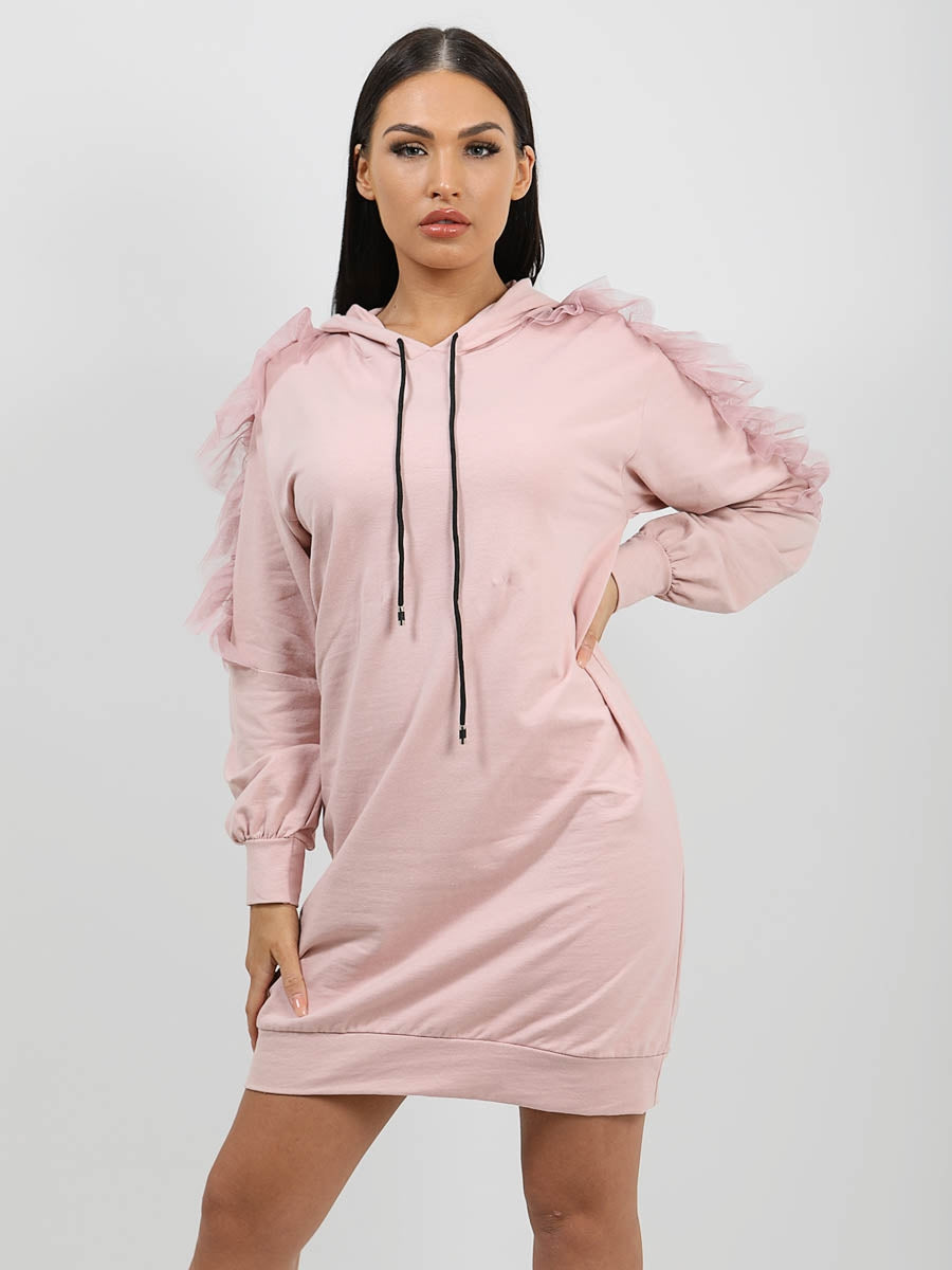 Mesh Frill Sleeve Hoodie Jumper Dress