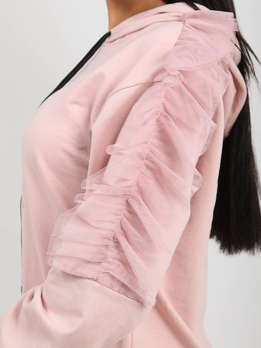 Mesh Frill Sleeve Hoodie Jumper Dress