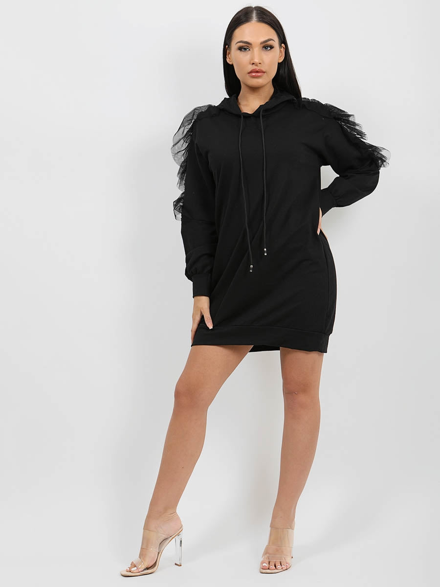 Mesh Frill Sleeve Hoodie Jumper Dress