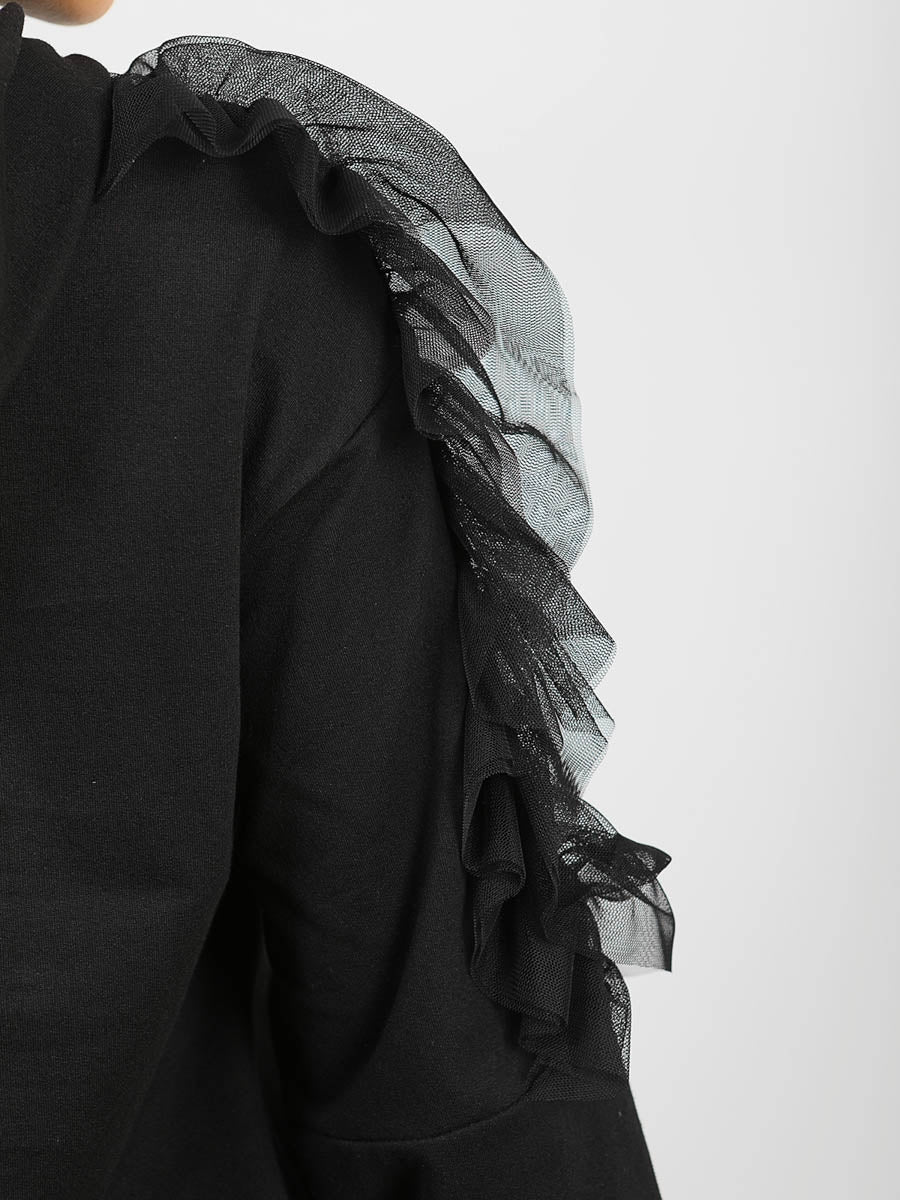Mesh Frill Sleeve Hoodie Jumper Dress