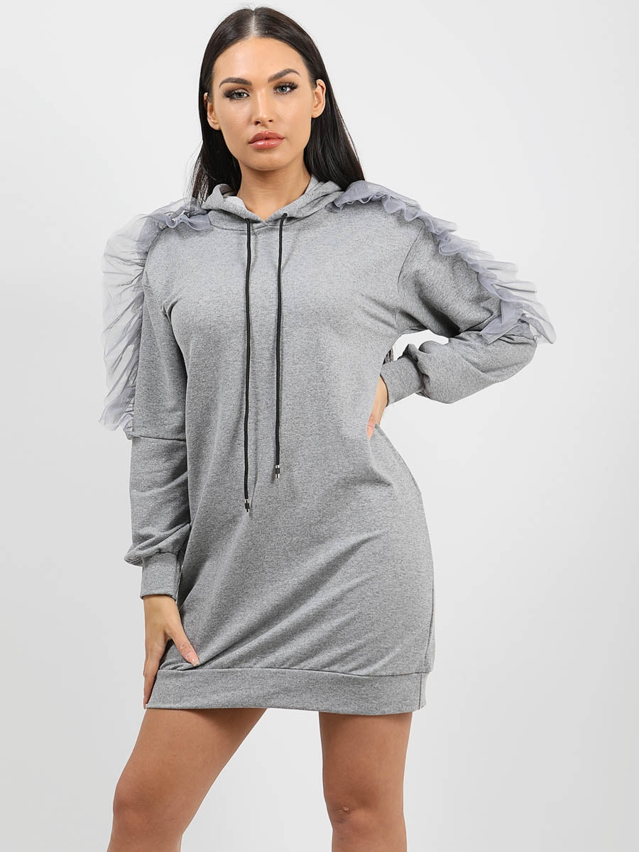 Mesh Frill Sleeve Hoodie Jumper Dress
