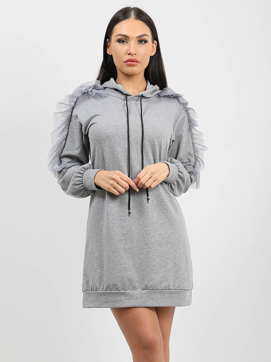Mesh Frill Sleeve Hoodie Jumper Dress