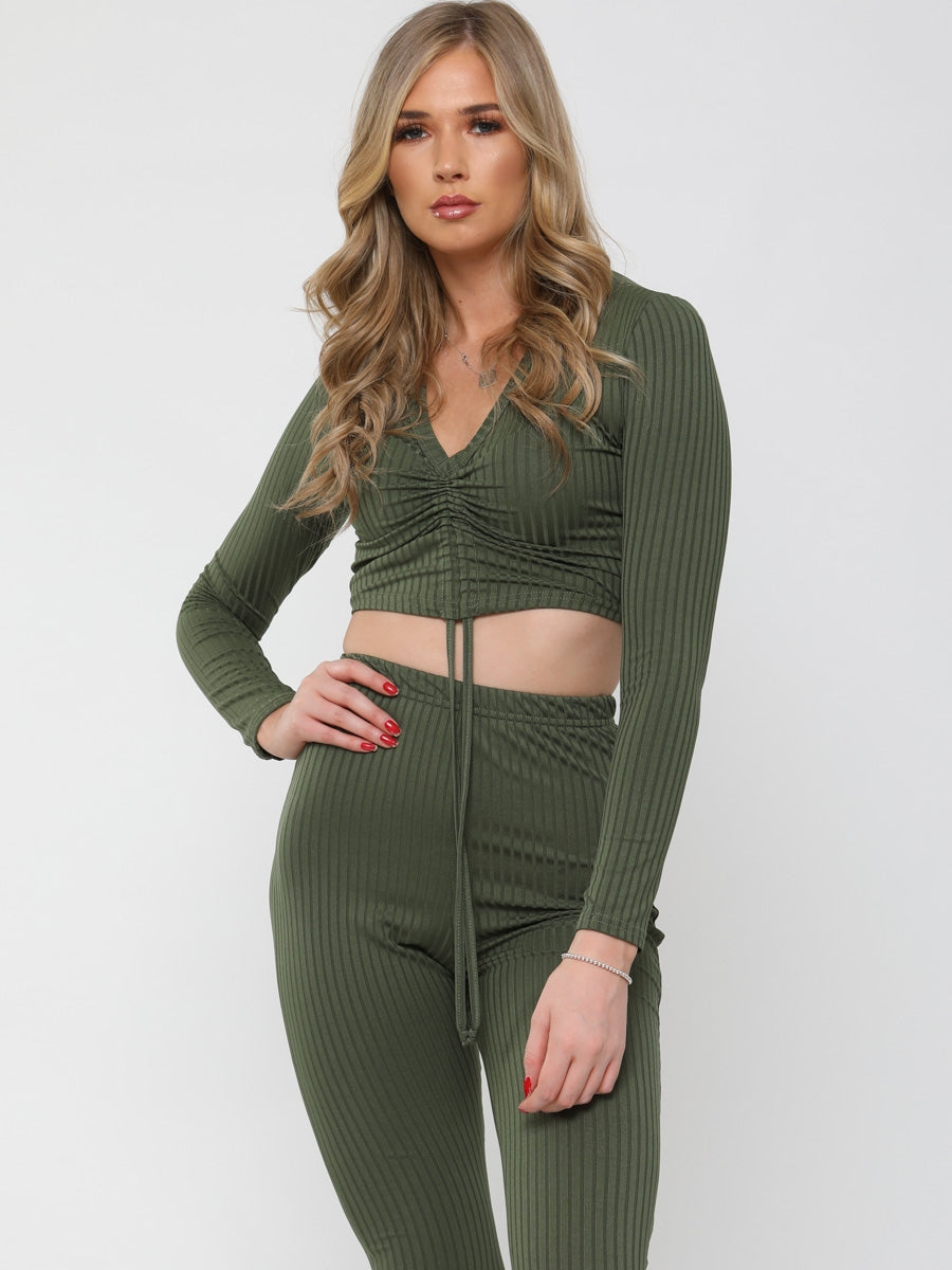 Ruched Crop Top & Legging Ribbed Co-ord
