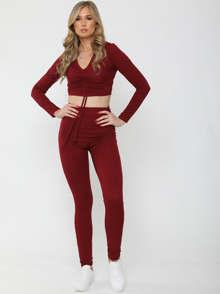 Ruched Crop Top & Legging Ribbed Co-ord