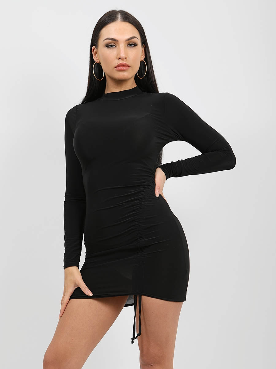 Ruched Drawstring Front Slinky Dress