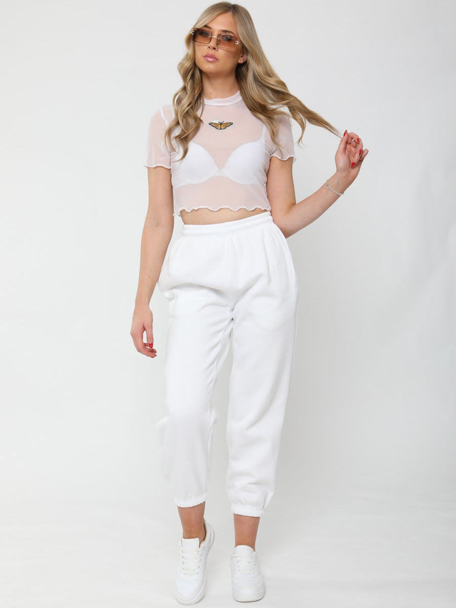 Butterfly Embroidered Mesh Crop Top