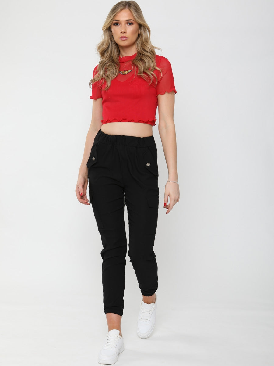 Butterfly Embroidered Mesh Crop Top