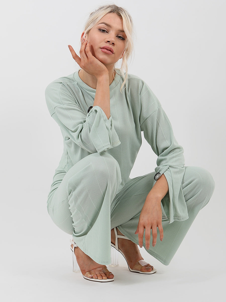 Button Detail Sleeve Ribbed Top & Trouser Co-ord