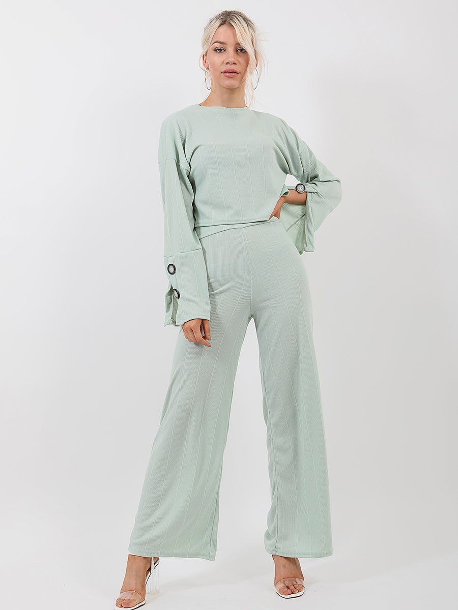 Button Detail Sleeve Ribbed Top & Trouser Co-ord