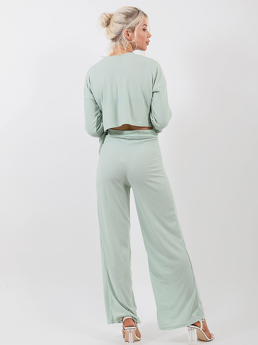 Button Detail Sleeve Ribbed Top & Trouser Co-ord