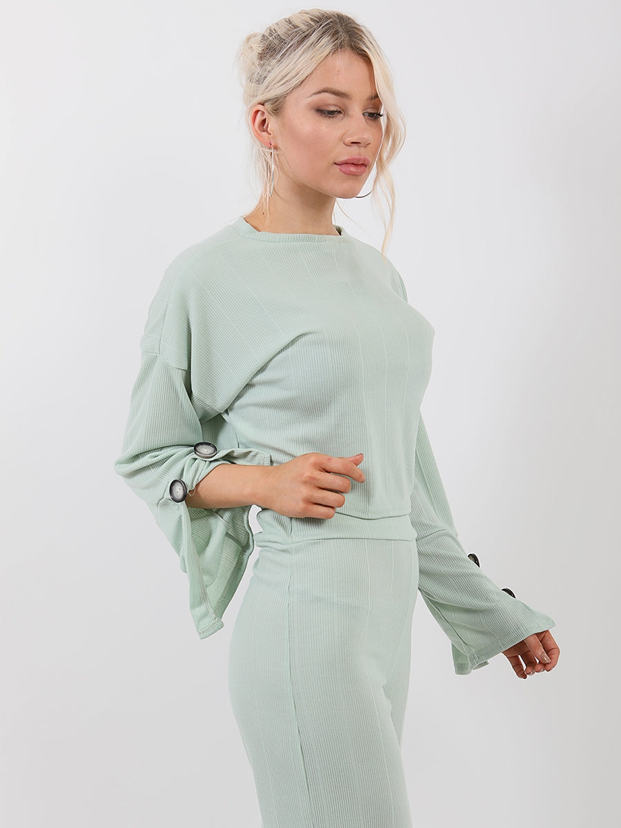 Button Detail Sleeve Ribbed Top & Trouser Co-ord