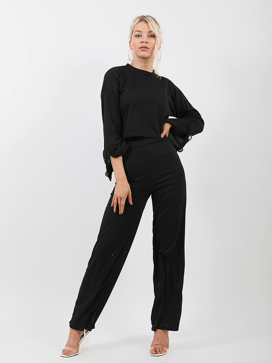 Button Detail Sleeve Ribbed Top & Trouser Co-ord