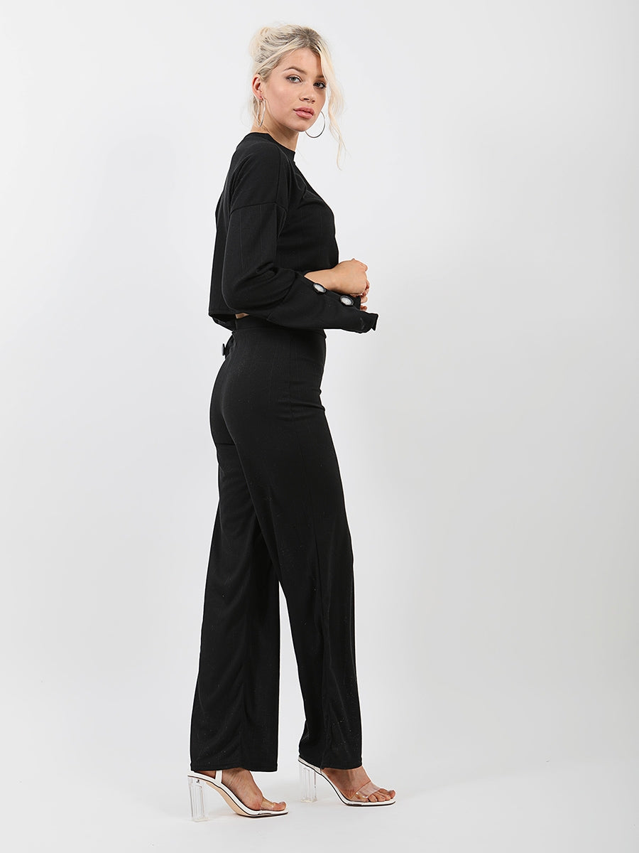 Button Detail Sleeve Ribbed Top & Trouser Co-ord